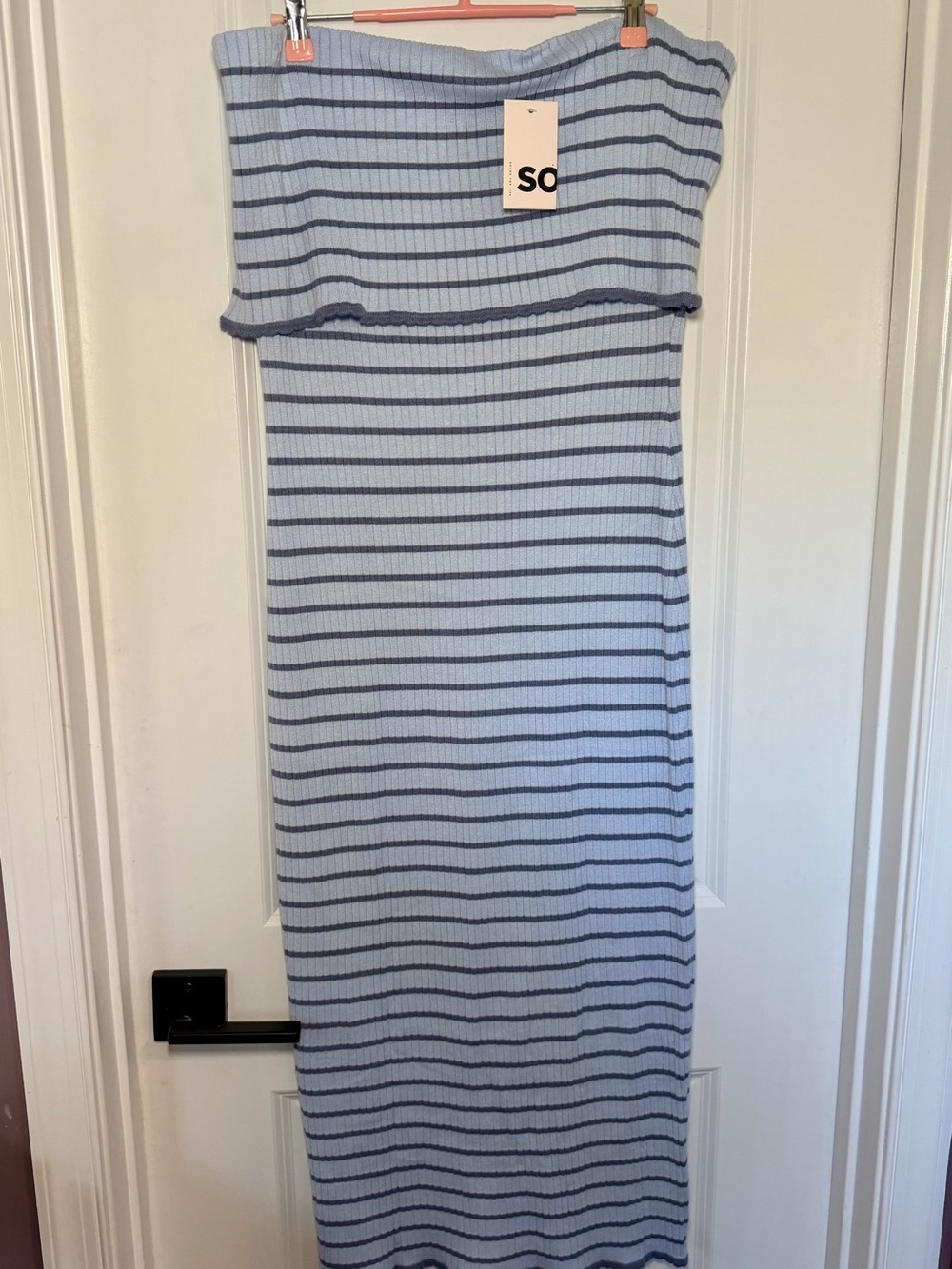 SO Strapless Light Blue and Navy Ribbed Stripe Maxi Dress